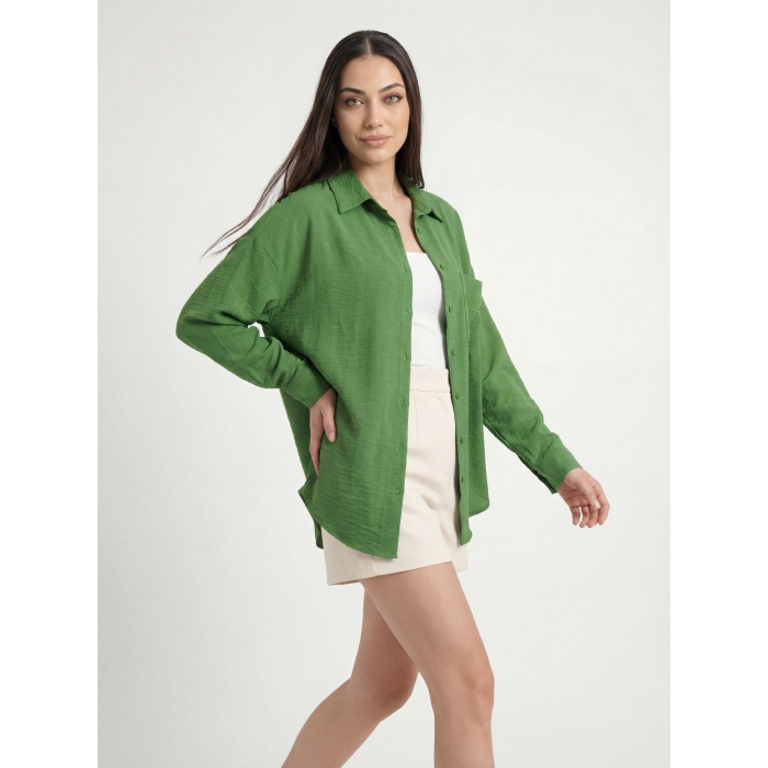 20153 Tek Cepli Oversize Keten Gömlek - G.Yeşil