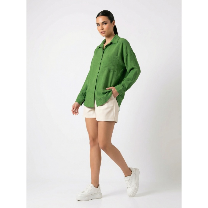 20153 Tek Cepli Oversize Keten Gömlek - G.Yeşil