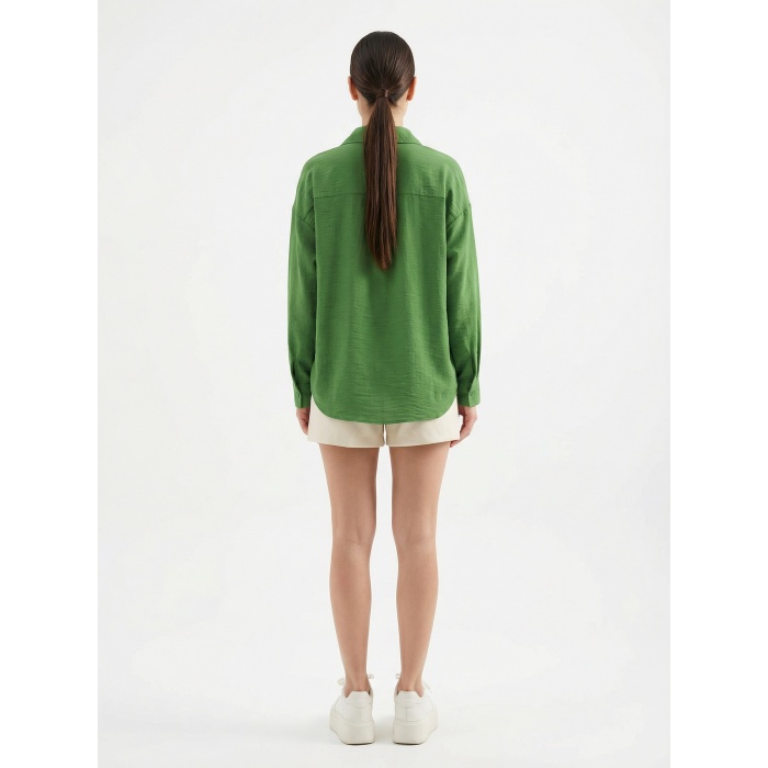 20153 Tek Cepli Oversize Keten Gömlek - G.Yeşil