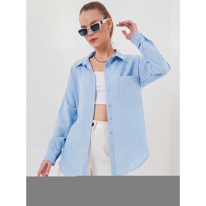 20153 Tek Cepli Oversize Keten Gömlek - Buz Mavi