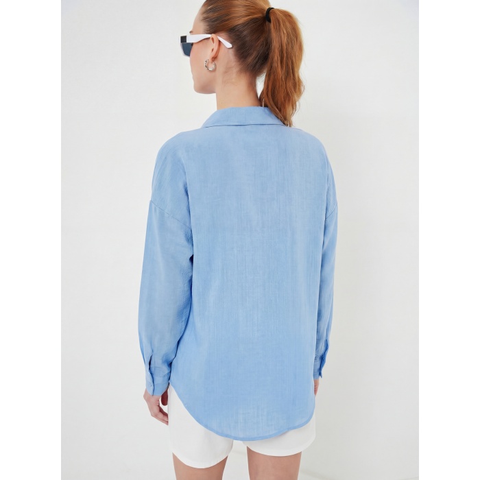 20153 Tek Cepli Oversize Keten Gömlek - Buz Mavi