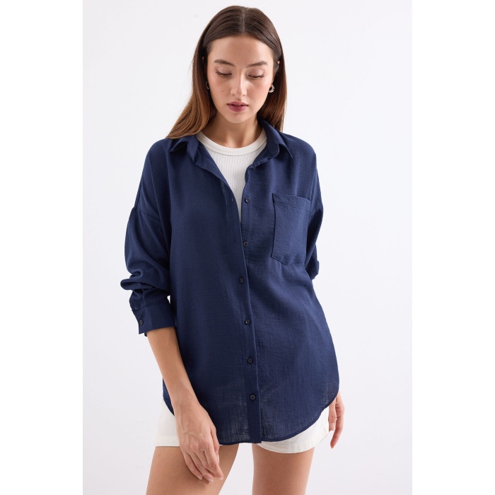 20153 Tek Cepli Oversize Keten Gömlek - D.Lacivert