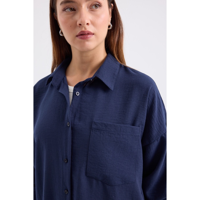 20153 Tek Cepli Oversize Keten Gömlek - D.Lacivert