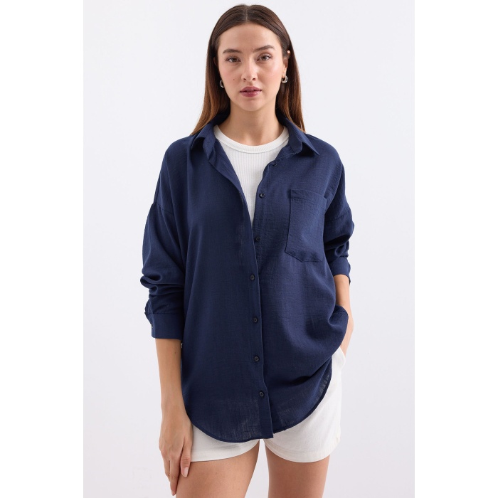 20153 Tek Cepli Oversize Keten Gömlek - D.Lacivert