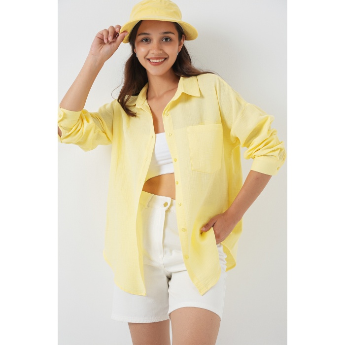 20153 Tek Cepli Oversize Keten Gömlek - Açık Sarı