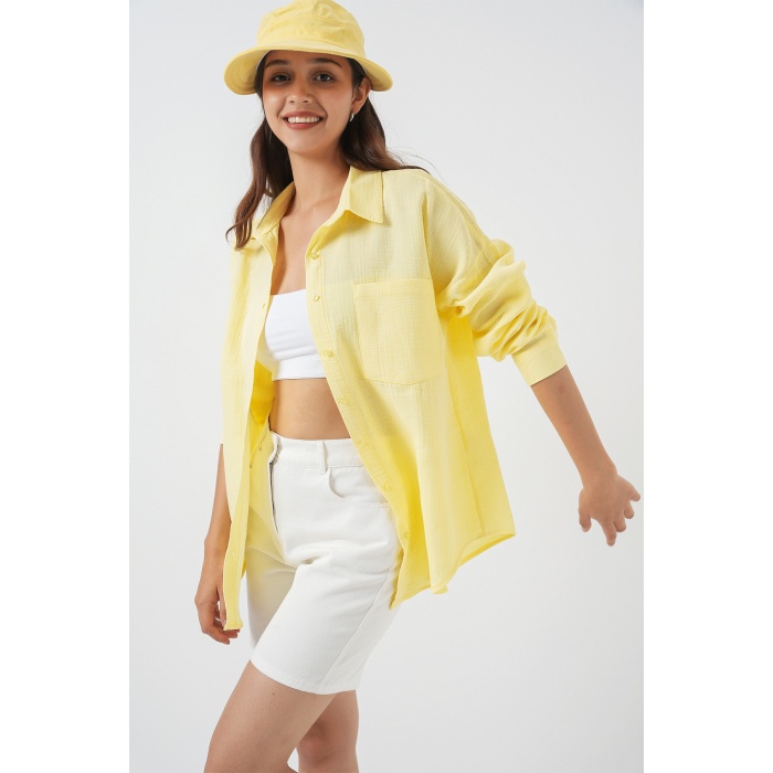 20153 Tek Cepli Oversize Keten Gömlek - Açık Sarı