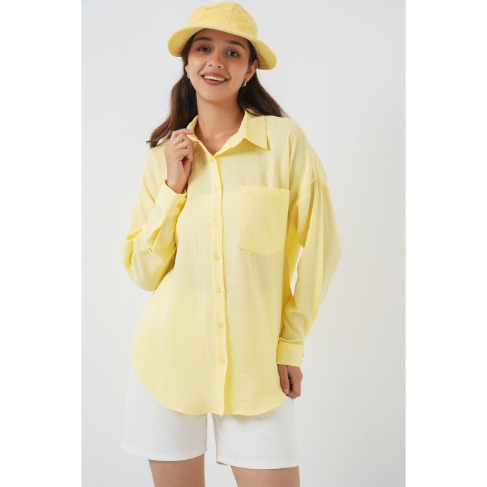20153 Tek Cepli Oversize Keten Gömlek - Açık Sarı