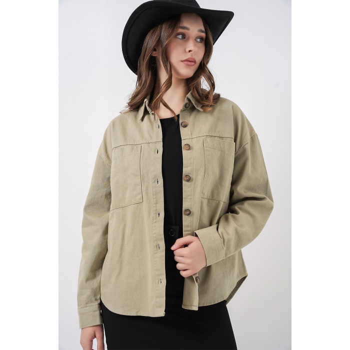 20192 Oversize Gabardin Gömlek Ceket - Haki