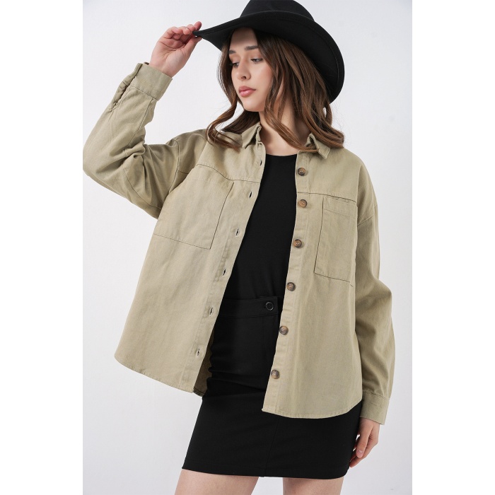 20192 Oversize Gabardin Gömlek Ceket - Haki