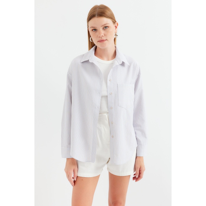 20212 Tek Cepli Çizgili Oversize Gömlek - Bej