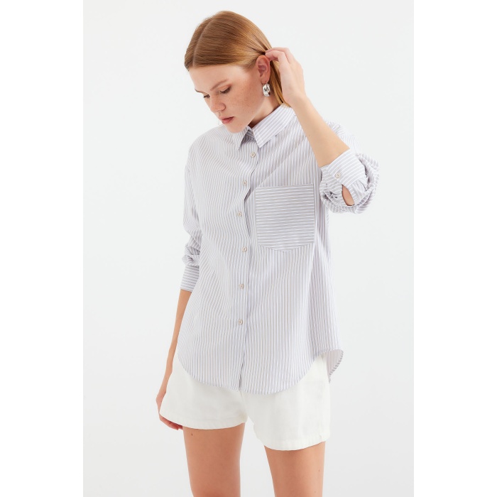20212 Tek Cepli Çizgili Oversize Gömlek - Bej
