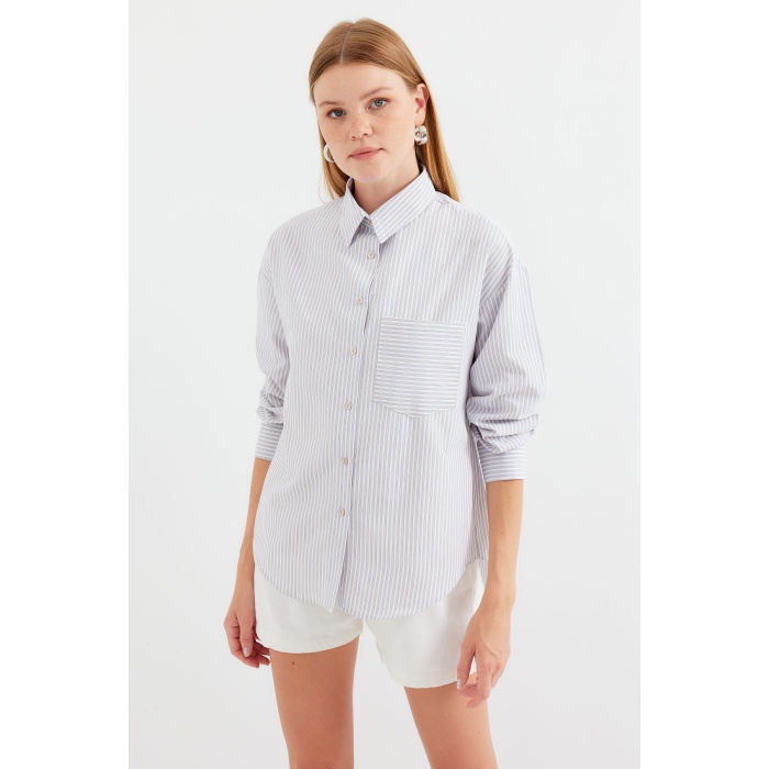 20212 Tek Cepli Çizgili Oversize Gömlek - Bej