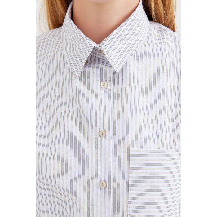 20212 Tek Cepli Çizgili Oversize Gömlek - Bej