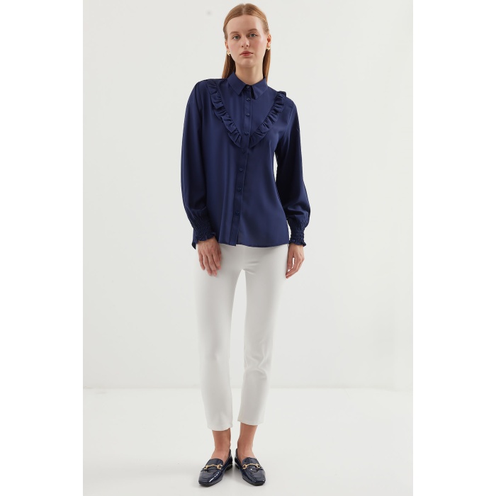 20223 Fırfırlı Uzun Kol Gömlek - Lacivert