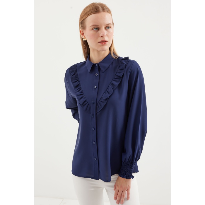 20223 Fırfırlı Uzun Kol Gömlek - Lacivert
