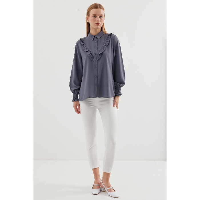 20223 Fırfırlı Uzun Kol Gömlek - Gri