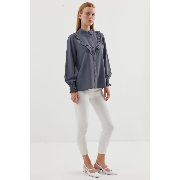 20223 Fırfırlı Uzun Kol Gömlek - Gri