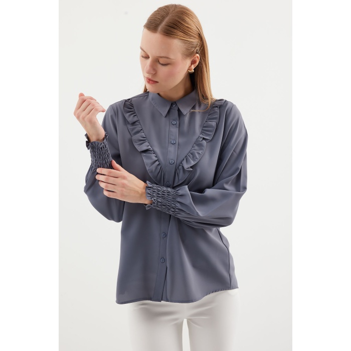 20223 Fırfırlı Uzun Kol Gömlek - Gri