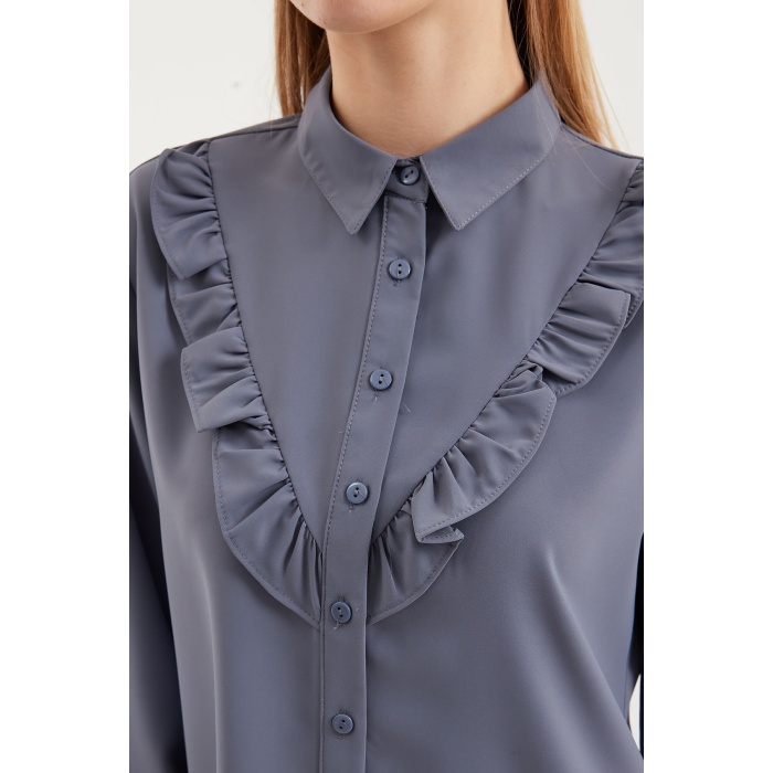 20223 Fırfırlı Uzun Kol Gömlek - Gri