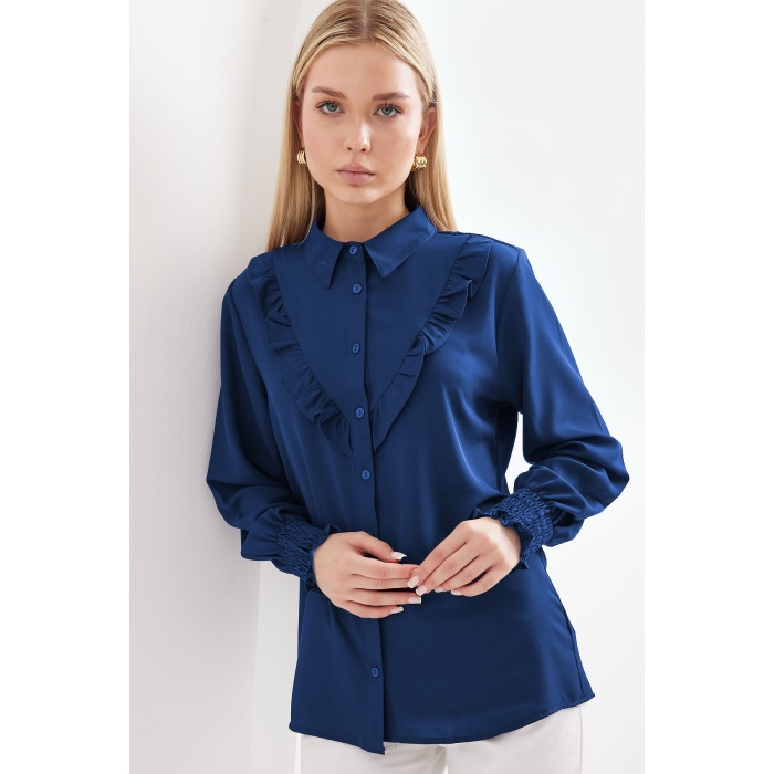 20223 Fırfırlı Uzun Kol Gömlek - D. İndigo