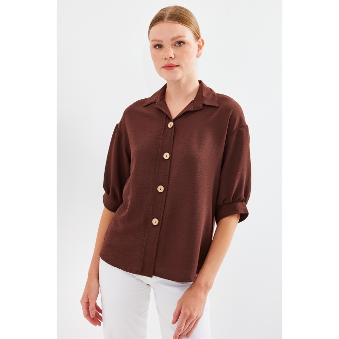 Kısa Kol Oversize Keten Gömlek 20240 - Kahverengi