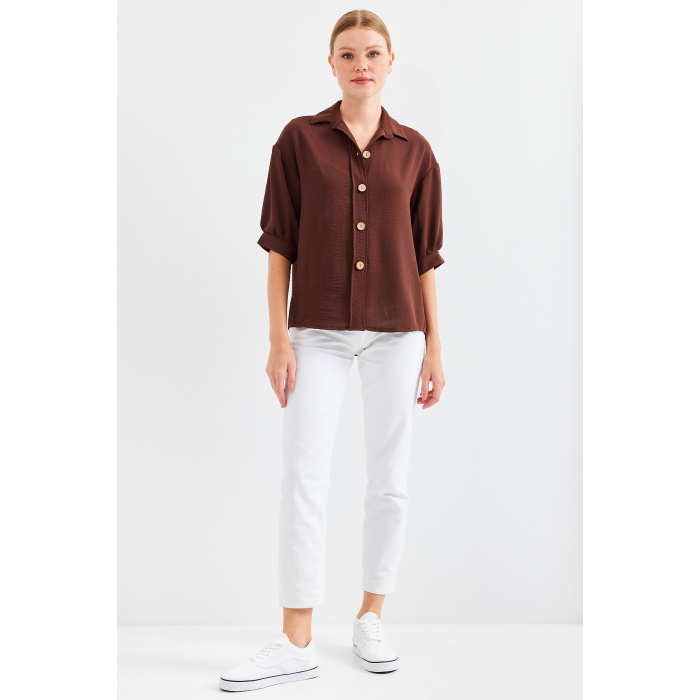 Kısa Kol Oversize Keten Gömlek 20240 - Kahverengi