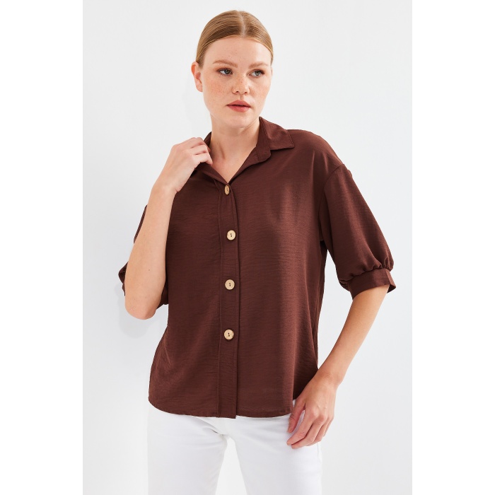 Kısa Kol Oversize Keten Gömlek 20240 - Kahverengi