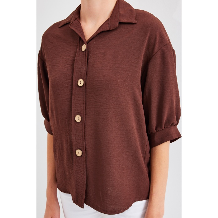 Kısa Kol Oversize Keten Gömlek 20240 - Kahverengi