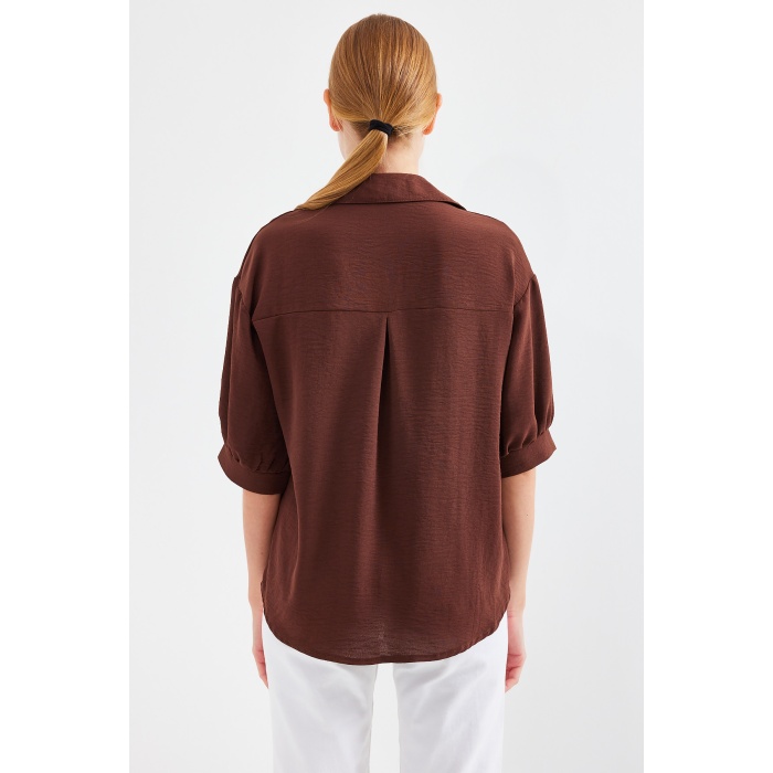 Kısa Kol Oversize Keten Gömlek 20240 - Kahverengi