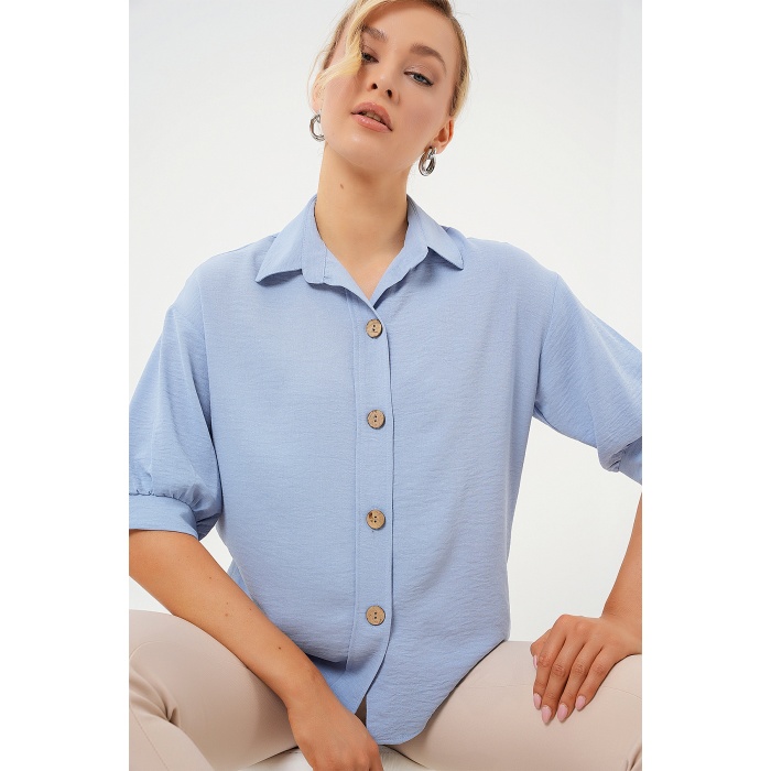 Kısa Kol Oversize Keten Gömlek 20240 - B.Mavi