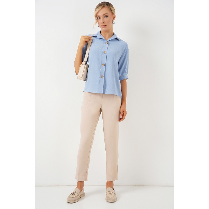 Kısa Kol Oversize Keten Gömlek 20240 - B.Mavi