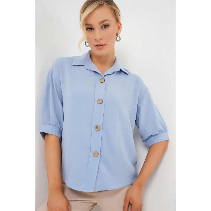 Kısa Kol Oversize Keten Gömlek 20240 - B.Mavi