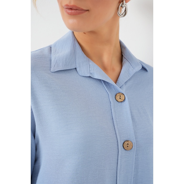 Kısa Kol Oversize Keten Gömlek 20240 - B.Mavi