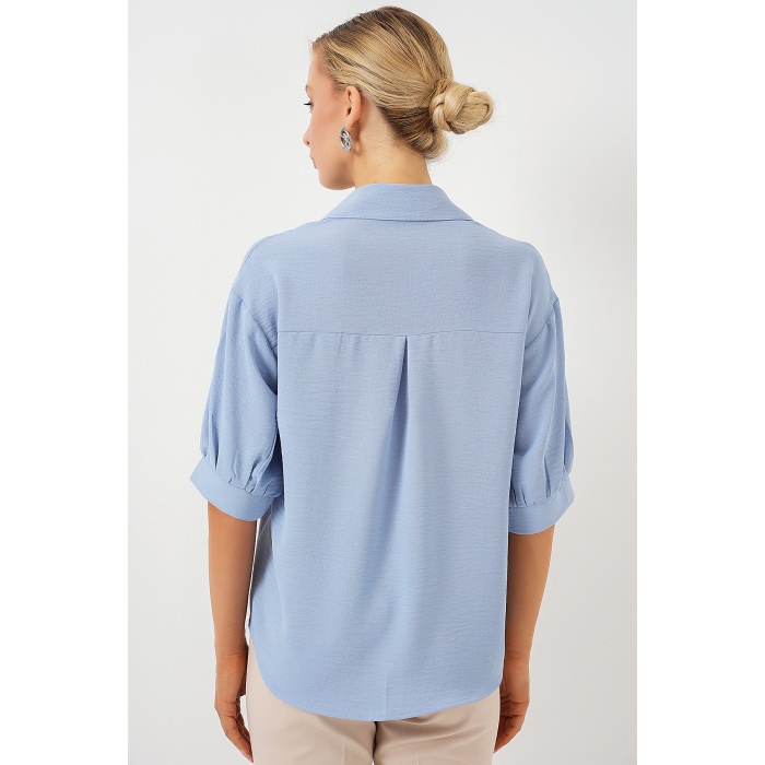 Kısa Kol Oversize Keten Gömlek 20240 - B.Mavi