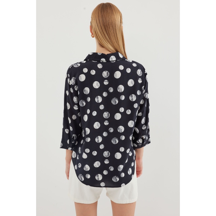 20243 Önü Bağlamalı Desenli Gömlek - Siyah