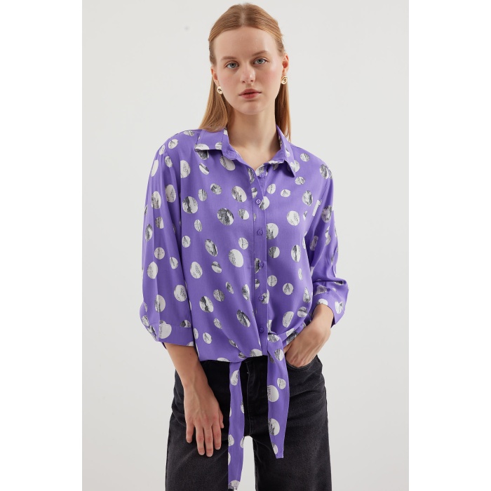 20243 Önü Bağlamalı Desenli Gömlek - Lila