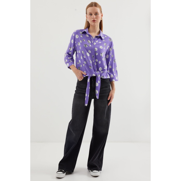 20243 Önü Bağlamalı Desenli Gömlek - Lila
