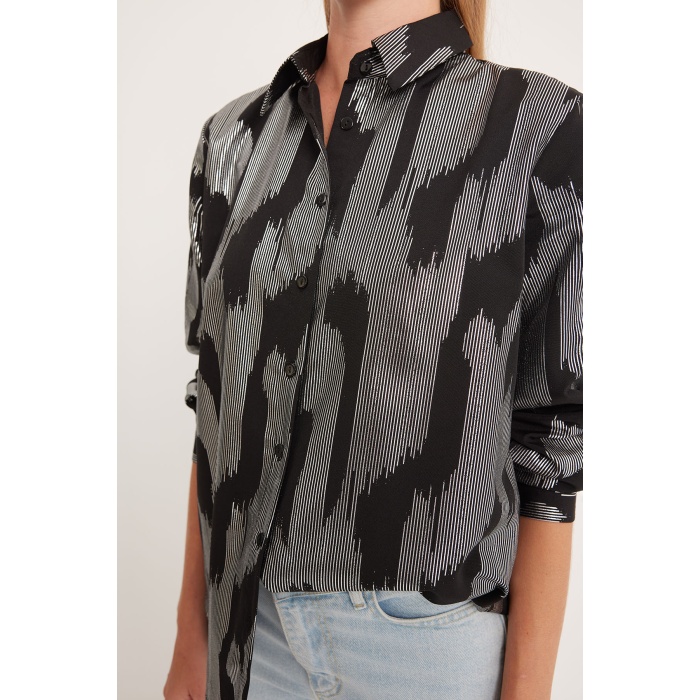 Kadın Siyah Gümüş Varak Desenli Gömlek 20253