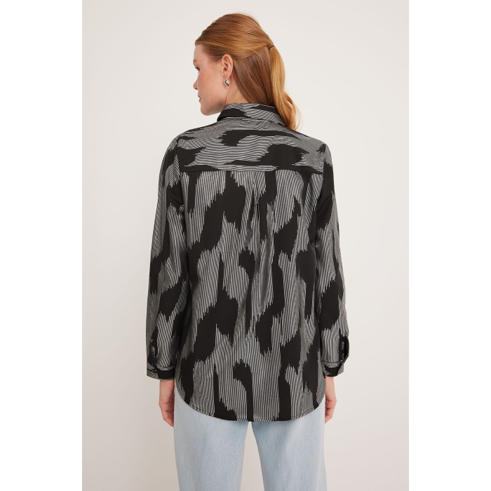 Kadın Siyah Gümüş Varak Desenli Gömlek 20253