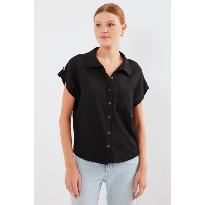 20256 Manşetli Double Kısa Kollu Gömlek - Siyah