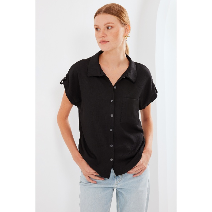 20256 Manşetli Double Kısa Kollu Gömlek - Siyah