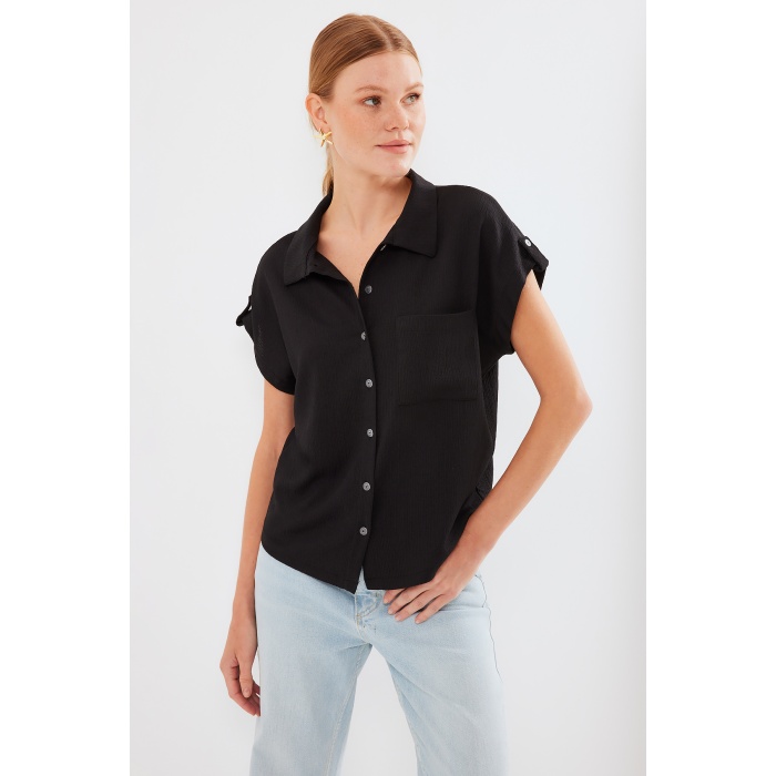 20256 Manşetli Double Kısa Kollu Gömlek - Siyah