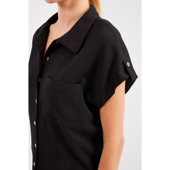 20256 Manşetli Double Kısa Kollu Gömlek - Siyah