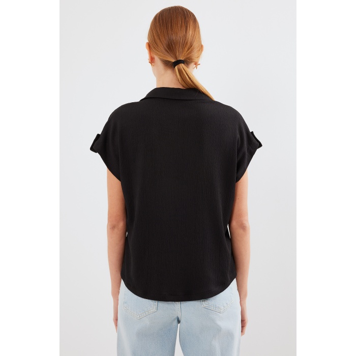 20256 Manşetli Double Kısa Kollu Gömlek - Siyah