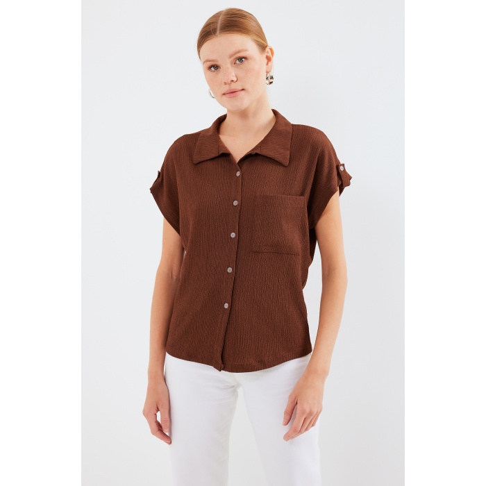 20256 Manşetli Double Kısa Kollu Gömlek - Kahverengi