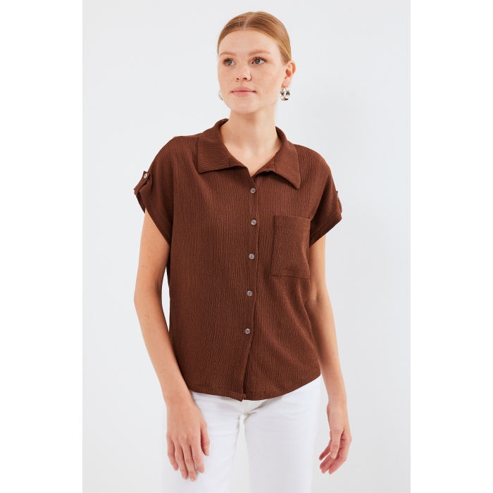 20256 Manşetli Double Kısa Kollu Gömlek - Kahverengi