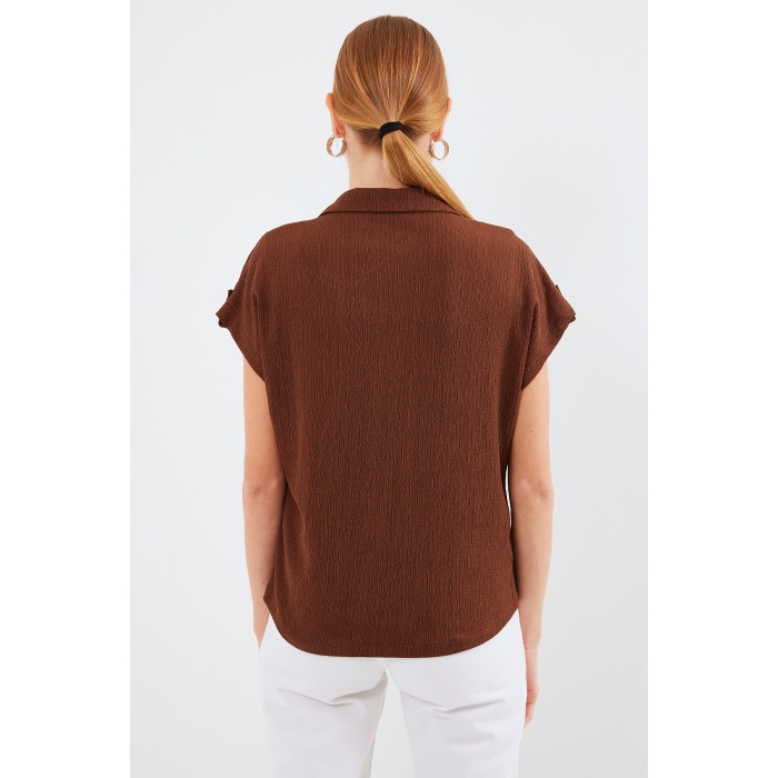 20256 Manşetli Double Kısa Kollu Gömlek - Kahverengi