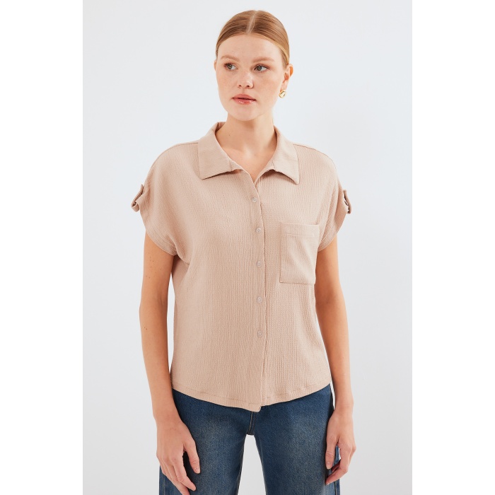 20256 Manşetli Double Kısa Kollu Gömlek - Bisküvi