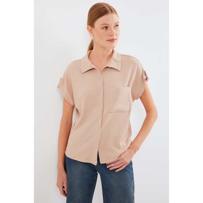 20256 Manşetli Double Kısa Kollu Gömlek - Bisküvi