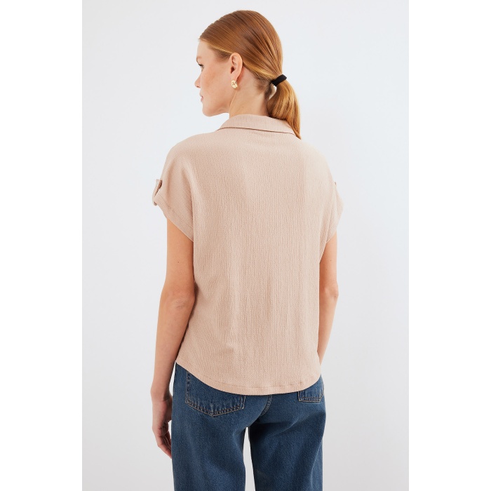 20256 Manşetli Double Kısa Kollu Gömlek - Bisküvi
